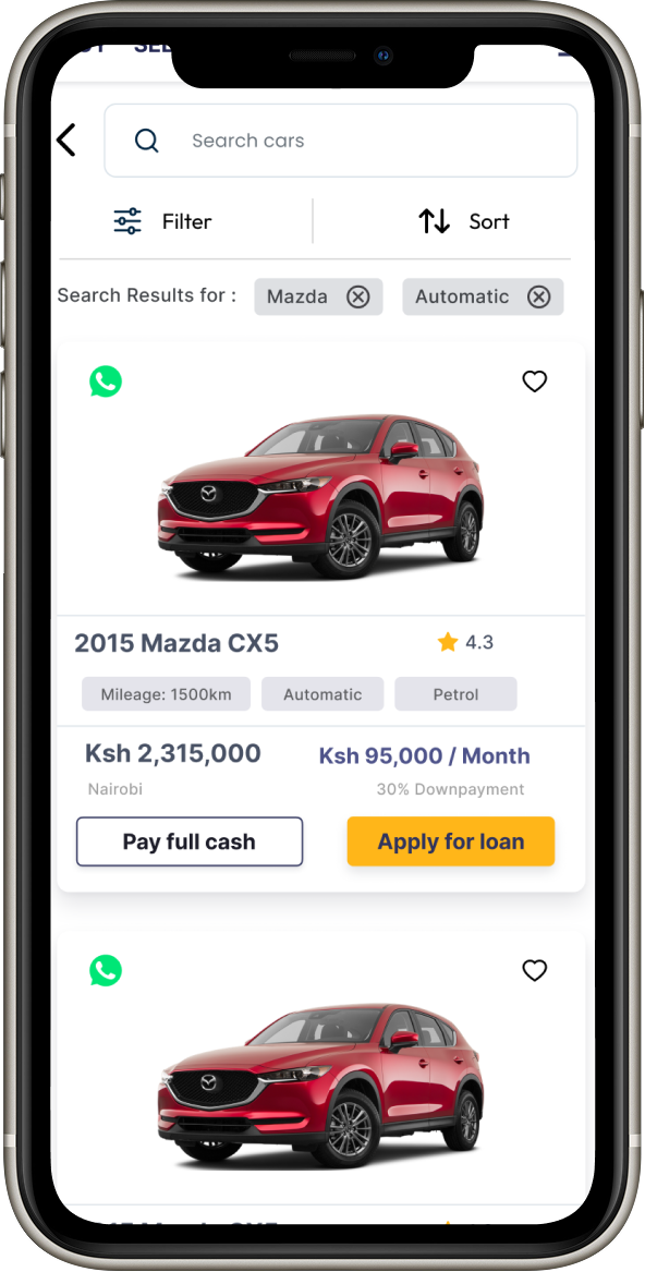Autochek car listing with filters, vehicle cards and payment options