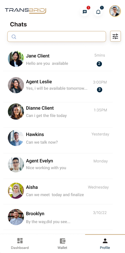 Transbridj chats screen